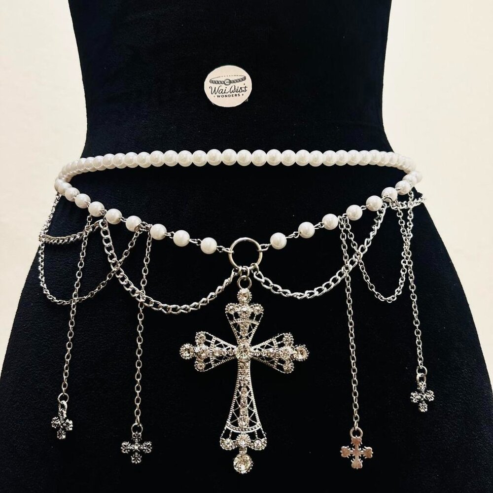 Silver Cross Tassel Faux Pearl Vintage style Elegant Waist Chain belt